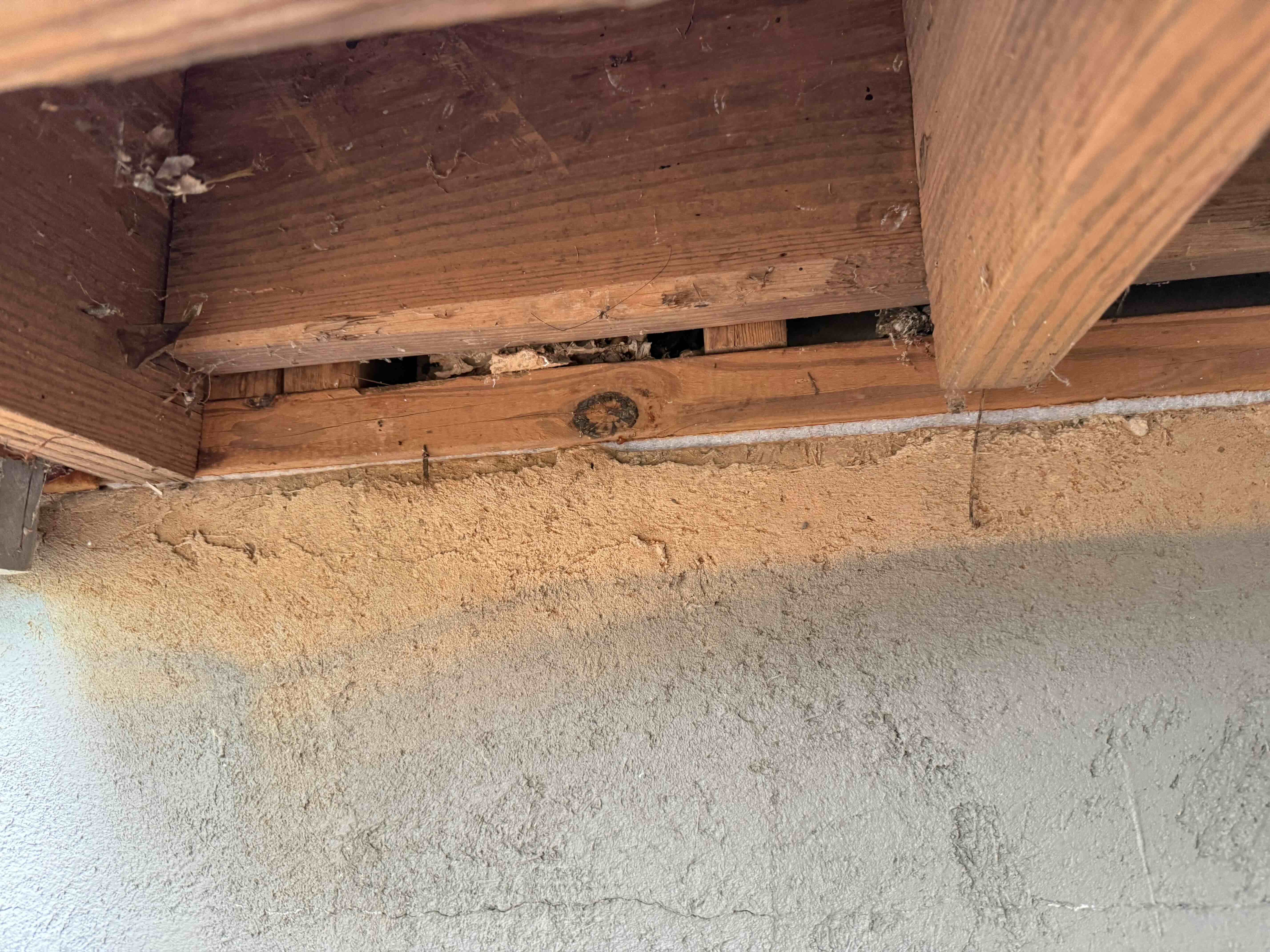 Crawl space before restoration showing contamination and damaged vapor barrier